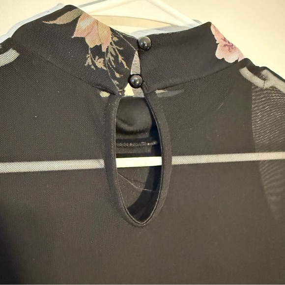 Floral Bodycon Mesh Dress with Long Sleeves and Key Hole Back Black Pink Midi - Picture 5 of 7